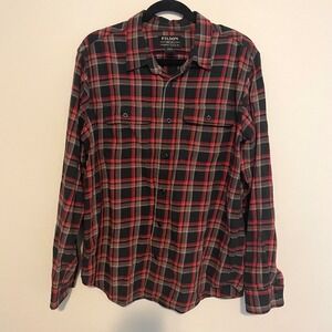 Filson Scout plaid flannel button down shirt L red gray black classic casual